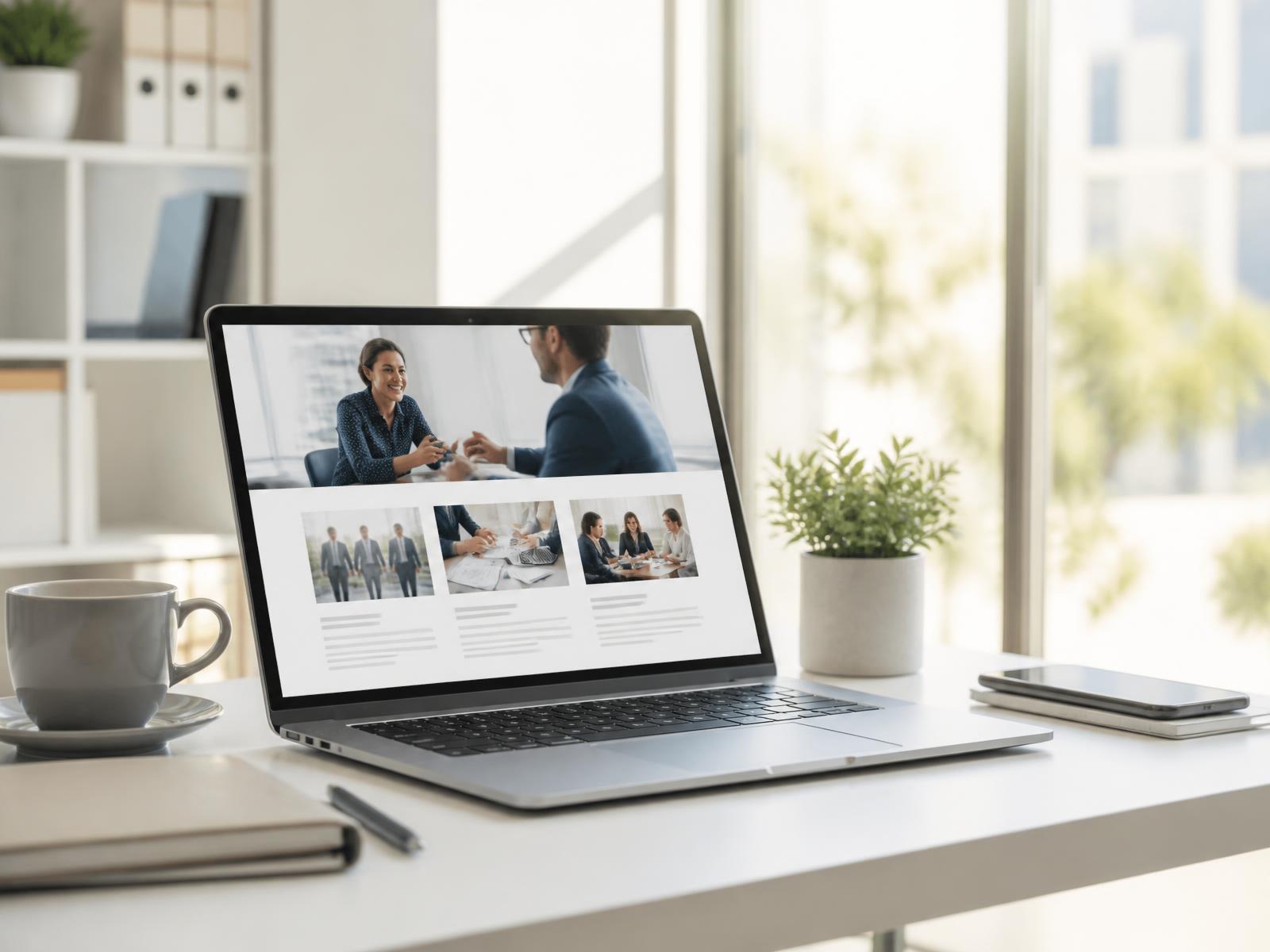 Laptop on a bright, sunlit desk showing a professional business website